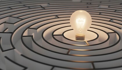 A glowing lightbulb sits at the center of a complex maze, symbolizing innovation and problem-solving in a challenging environment, viewed from above.