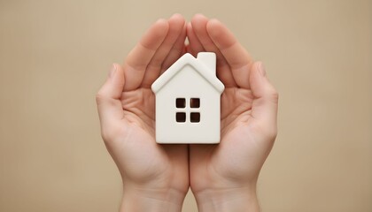 Hands holding a small house model, symbolizing care and protection, viewed from directly above
