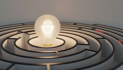 A bright lightbulb glows at the center of a complex maze, symbolizing innovation and problem-solving in a futuristic environment from a top-down viewpoint