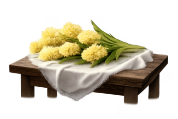 Yellow flowers bouquet on wooden table with cloth