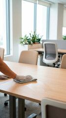 Fototapeta premium person wiping a table surface in a bright office space daylight entering through large windows clean calm environment neutral tones shallow DOF 50mm lens focus on hands and surface realistic cleaning 