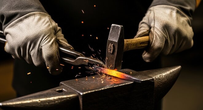 Man forging hot metal on an anvil with hammer and tongs, creating sparks. Traditional blacksmith craft, handmade metalwork professional - Powered by Adobe