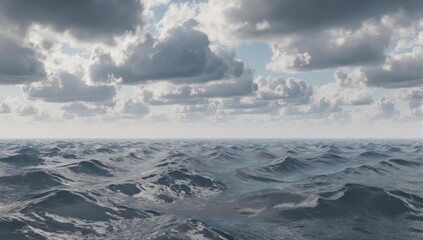 Dramatic seascape with rippling waves under a cloudy, expansive sky