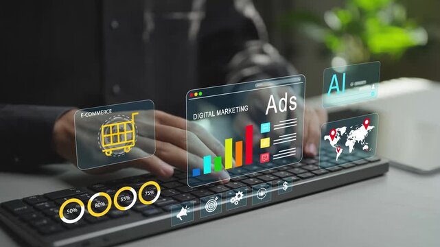 Digital ads concept with advertising platform interface, data analytics and performance dashboard. Modern technology supporting targeted campaigns, optimization and measurable marketing results.