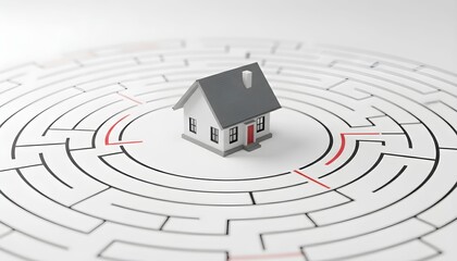 A 3D rendered house at the center of a complex maze with a path highlighted in red, viewed from above.