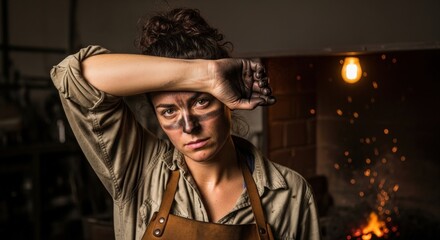 Tired woman blacksmith with dirty face and apron in a forge with sparks, concept of strength and hard work for labor day