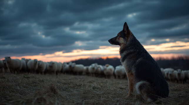 Loyal herding dog watching over sheep at sunset in open field with moody clouds and calm rural atmosphere