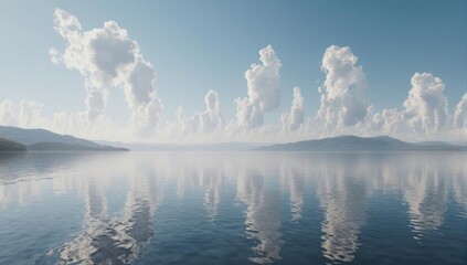 Calm lake reflects cloudy sky and distant mountains on a clear day