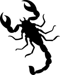 Black scorpion with powerful pincers and segmented tail, suitable for wildlife or halloweenthemed designs, educational materials, or insect illustrations.