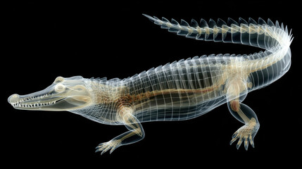 Naklejka premium Transparent X-Ray Crocodile on Black Background: Striking 3D Wildlife Visualization for Educational and Design Projects.
