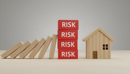 A miniature wooden house stands beside falling dominoes and stacked red blocks with the word 'RISK' on a plain surface