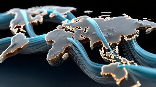 Global Connectivity: A captivating visual metaphor depicting the intricate connections of our world, symbolized by elegant flowing lines that weave across the continents.