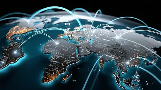 Global Network: An abstract depiction of a globally interconnected network, represented by lines of communication weaving across a world map, symbolizing the flow of data and information exchange.