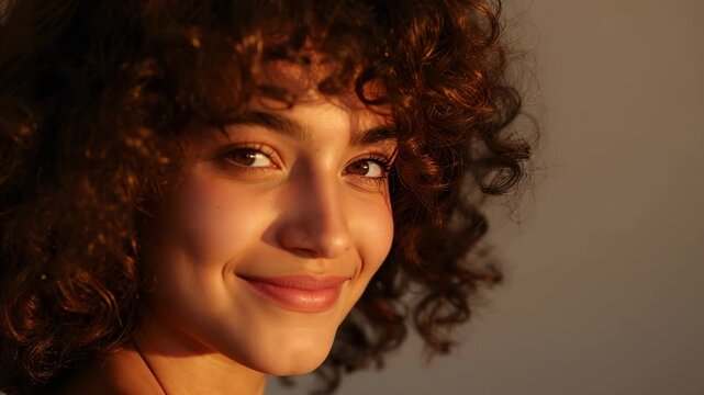 Smiling model turning toward camera after camera cue, posing in studio with warm light for portrait