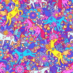 Fototapeta premium Hand-drawn naive folk art pattern with whimsical horses, floral elements in bright colors. Inspired by traditional folk illustration and playful fairytale style