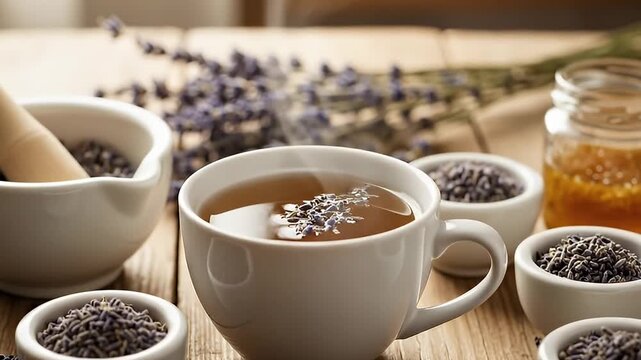 A soothing cup of herbal tea, infused with delicate lavender blossoms, gently steams on a rustic wooden surface, symbolizing warmth and comfort. This serene composition is beautifully arranged with sm