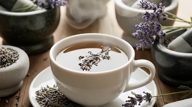 A soothing herbal infusion, possibly lavender, steams gently in a pristine white cup and saucer, set against a warm wooden backdrop. Delicate lavender buds float on the surface of the comforting bever