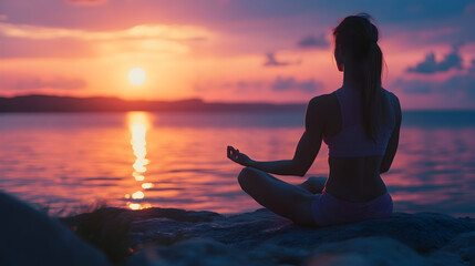 Fototapeta premium Woman meditates peacefully by serene ocean at sunset