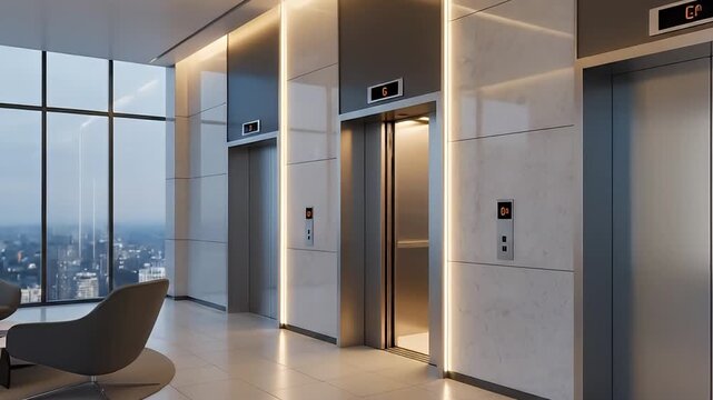 A sophisticated and modern corporate lobby unfolds in a wide shot, showcasing a sleek bank of metallic elevators with illuminated panels and contemporary digital displays. Expansive panoramic windows 
