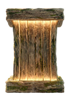 Old wooden podium with glow neon lights in transparent background