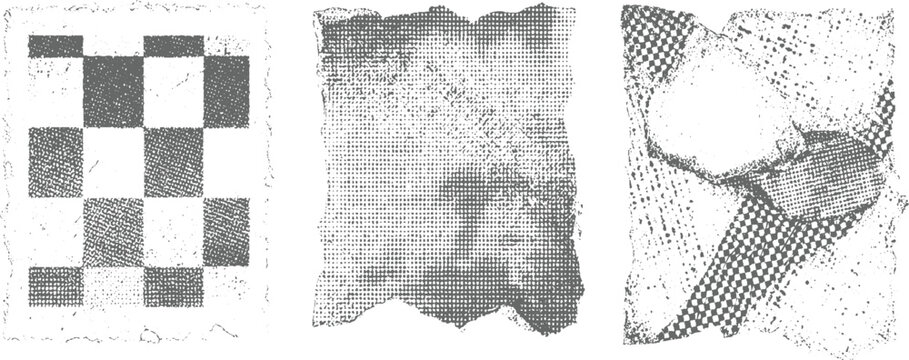 Monochrome distressed grunge textures with checkerboard patterns and torn paper edges creating a vintage abstract aesthetic