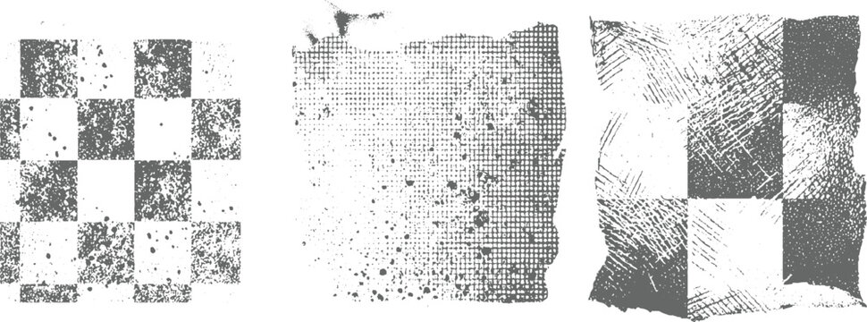 Monochrome distressed grunge textures featuring checkerboard patterns, splatters, and linear scratches for abstract backgrounds