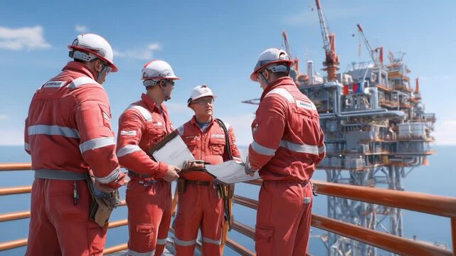 Engineers at Offshore: An experienced team of engineers, clad in safety attire, collaborate on blueprints at an offshore oil rig. Against the blue sky
