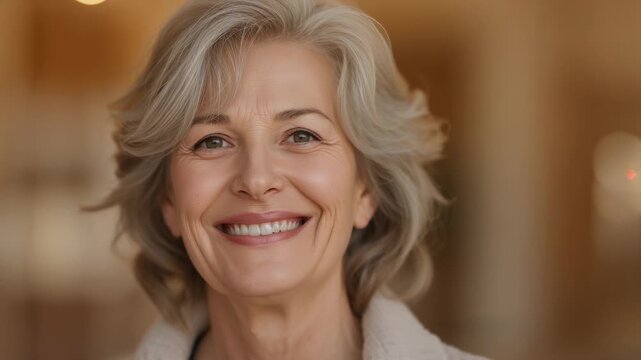 Smiling older woman in fleece holding gaze, tilting head during sequence starting at home, bokeh