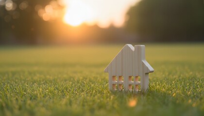 A small white house model stands in a green grassy field during a serene sunrise