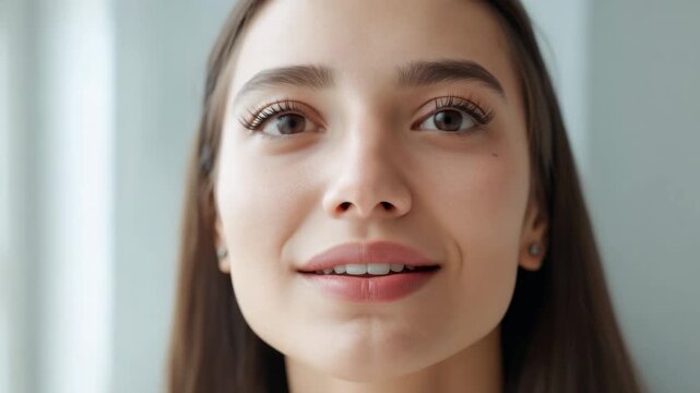 Smiling woman touching eyebrow with right hand by window, then opening eyes to camera showing stud