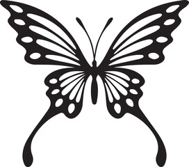 Elegant black and white butterfly illustration with intricate wing patterns and flowing tails.