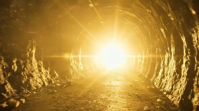 A striking, low-angle shot looking down a dark, rugged tunnel, with a powerful, golden light source emanating brightly from the distant end, creating a mesmerizing lens flare effect. The rough-hewn ro