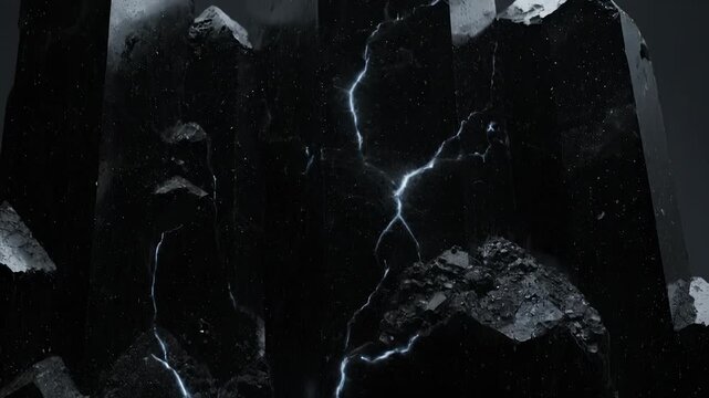 Angular rock and fractured stone with stark vein and jagged crack. Raw mineral formation with coarse texture and loose fragment. Strong contrast between black mass and pale seam. Monochrome rock form.
