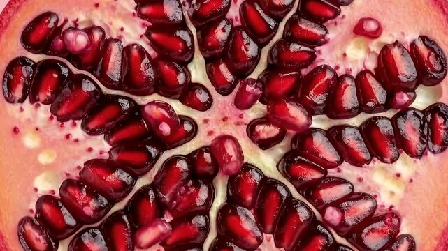 A stunning close-up reveals the vibrant interior of a freshly halved pomegranate, showcasing its numerous jewel-like, ruby-red arils glistening with natural juiciness against a soft pink background. T