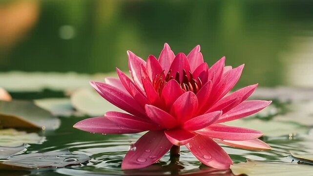 A stunning, vibrant pink water lily gracefully floats on a calm pond, its delicate petals adorned with glistening water droplets. Surrounded by lush green lily pads, the vibrant flower creates a seren