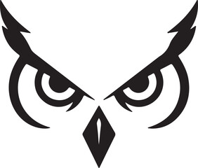 Intense and wise owl eyes with a sharp beak, minimalist black and white vector art