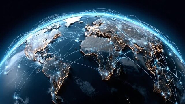 Global Connectivity: Illustrating a world network of interconnectedness, representing the flow of information across continents.