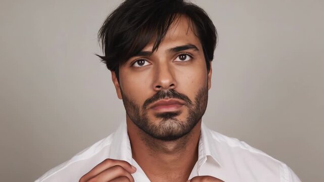 Adjusting man repositioning white shirt collar with portrait session starting, loosening top button