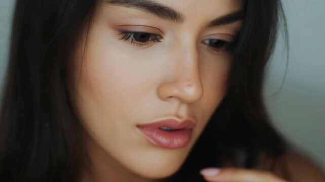 Downward gaze starting woman shifting finger to lower lip in studio, checking lips, nails, lashes