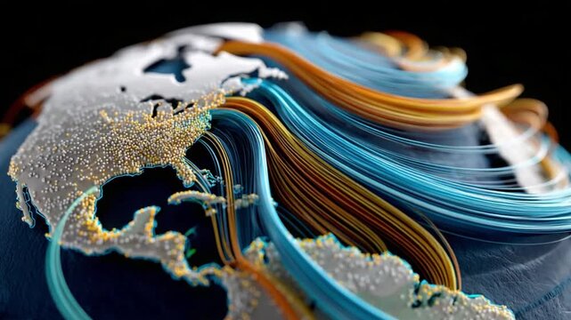 Digital Earth: A mesmerizing depiction of planet earth. Dynamic lines intertwine across continents, symbolizing global connections and illustrating the intricate networks that shape our world.