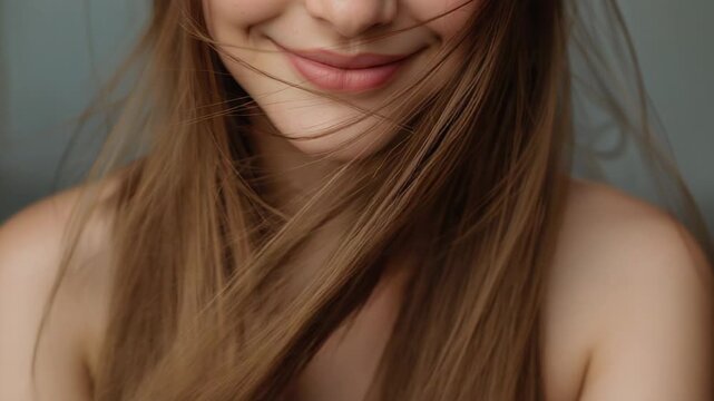 Breeze lifting teen smiling hair sliding down face showing thinstrap top and shoulders in studio