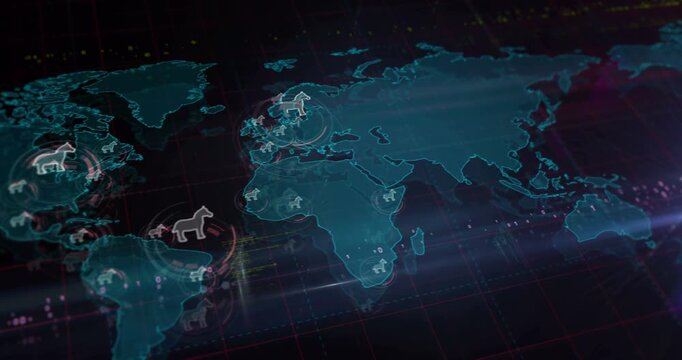 Trojan alert cyber attack and computer warning symbols over world map. Seamless looped technology concept.
