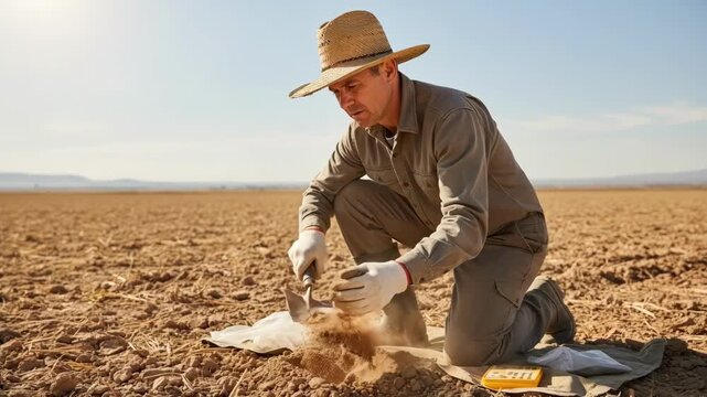 Medium shot of a farmer collecting dry soil samples with a spade inspecting texture and color to assess nutrient levels in a sunlit field.