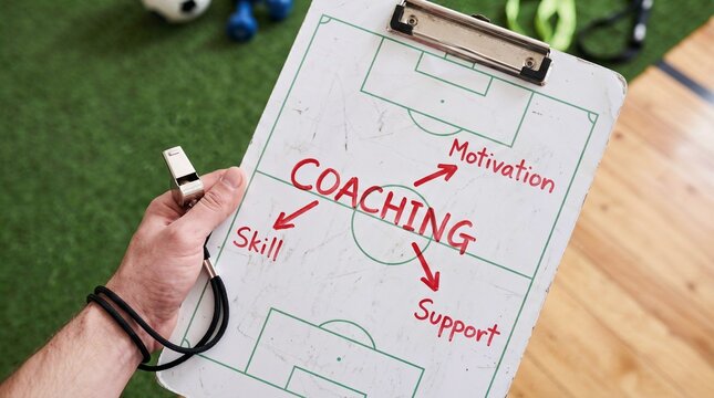 A coach's hand holding a clipboard with a soccer field diagram and coaching strategy written in red marker.