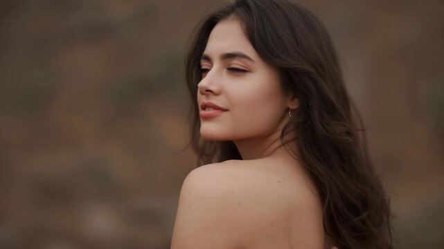 Turning model after cue, opening, lifting gaze at field, showing hoop earring, bare back, long hair