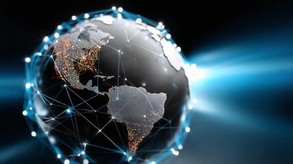 Global Network Connectivity: A stylized globe, encircled by a digital web of interconnected nodes, signifies worldwide network and information technology, illuminated with a blue and black gradient.