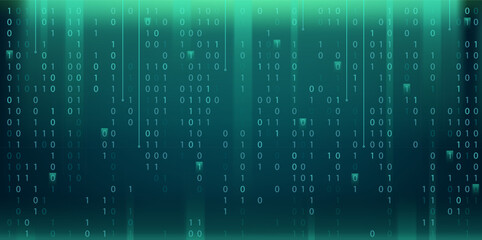 Binary code matrix. Vector illustration of digital technology hacking binary code and connecting dots lines. AI big data science, Internet network connection, computer streaming numbers. Program hack