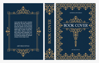 Naklejka premium Classic vintage book cover and spine with gold and black art deco, art nouveau ornament, decorative frame, elegant retro style for classic publications, posters, artistic layouts