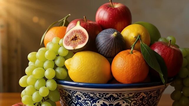 A vibrant and wholesome still life composition showcasing a decorative bowl overflowing with an assortment of fresh, ripe fruits. Bright red apples, lush green grapes, juicy oranges, bright yellow lem