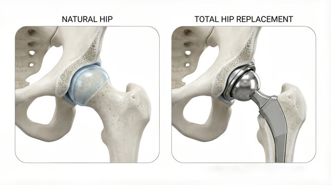 Detailed illustration comparing natural hip joint with total hip replacement, showcasing anatomical differences and prosthetic design for educational purposes in medical contexts